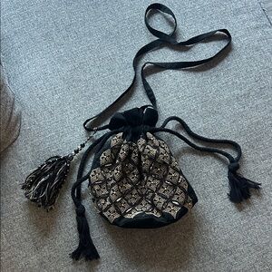 Embroidered & Beaded Boho Drawstring Crossbody Bag / Purse
